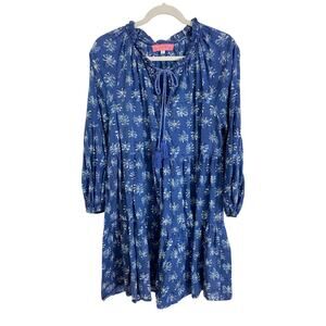 Preppy Girl Palm Beach Block Print Blue Balloon Sleeve Tiered Swing Dress Cotton